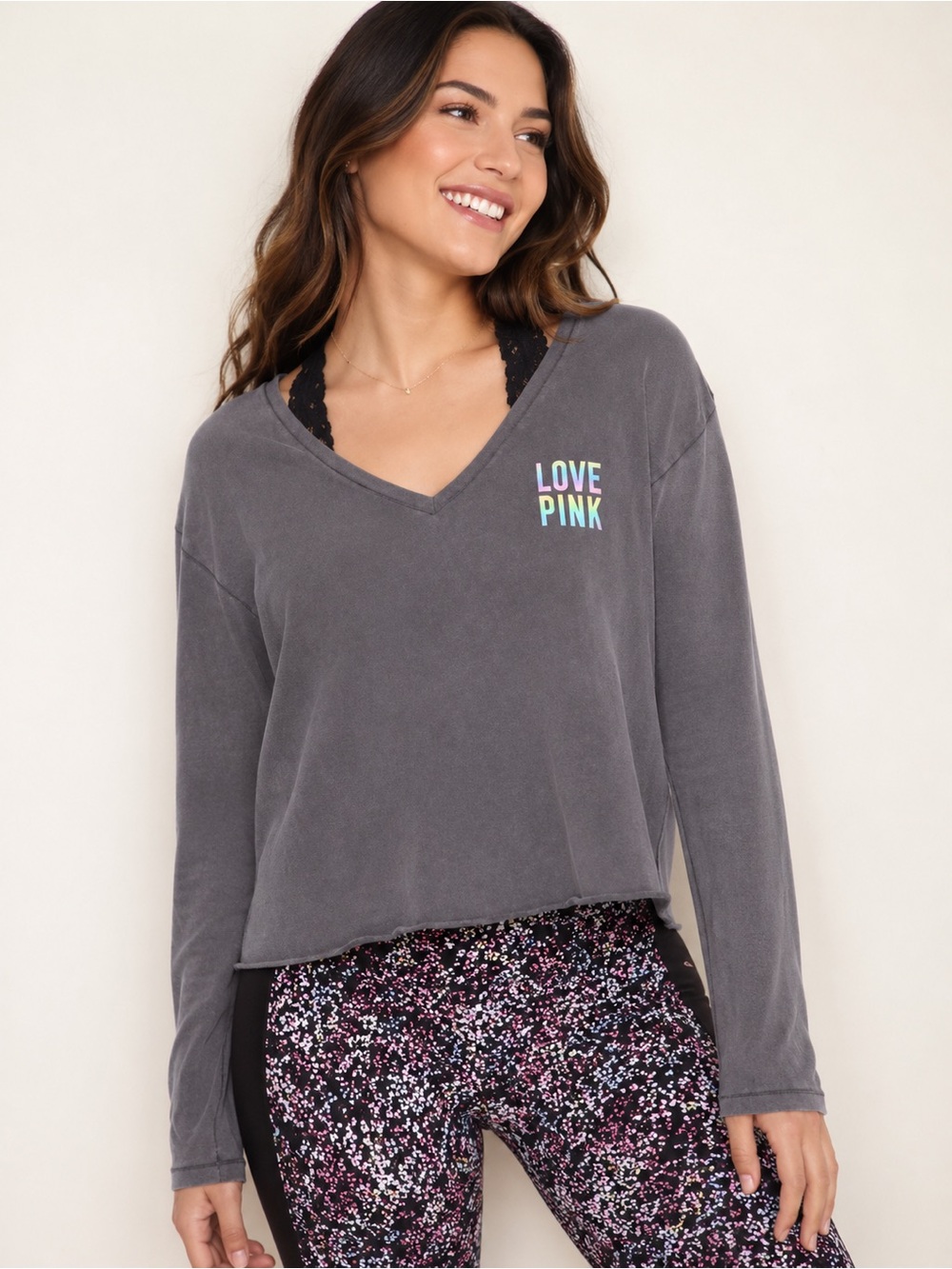 Victoria’s Secret PINK Gray Tie Dye Cropped Long Sleeve V-Neck Tee  Relaxed Fit